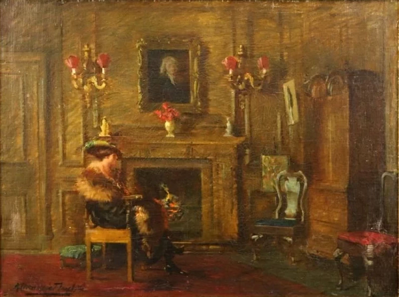 Interno con donna seduta accanto al fuoco